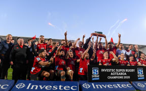 Crusaders celebrates winning the Super Rugby Aotearoa trophy, 2020.