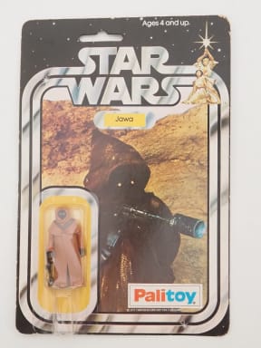 The Jawa character, wearing a vinyl cape on Palitoy packaging, is considered one of the rarest 70s Star Wars figures