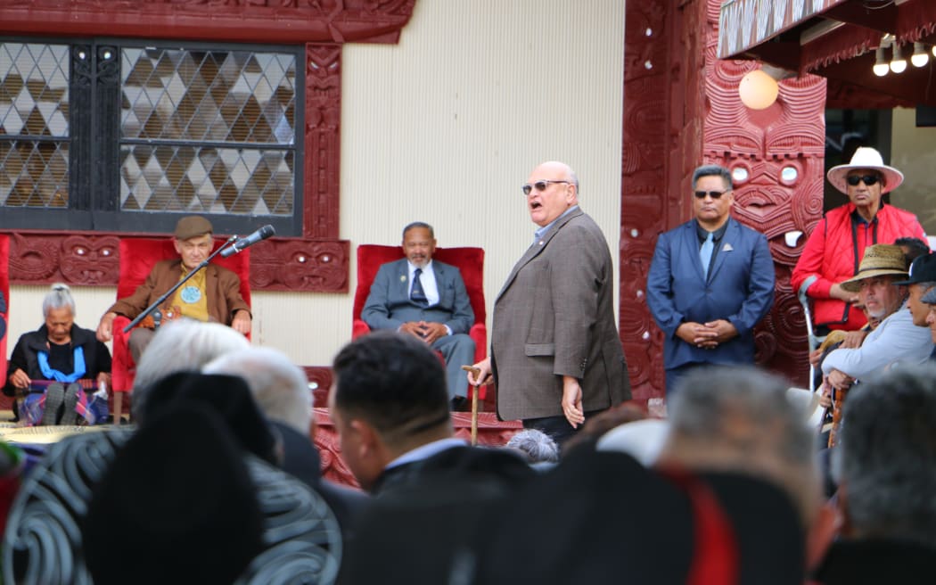 Sir Selwyn Parata of Ngāti Porou at the Hui-ā-Iwi, at Tūrangawaewae Marae.