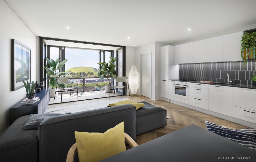 Artist's impression of the living room at one of the apartments for the development project on the corner of Jellicoe Road and Dunn Road.