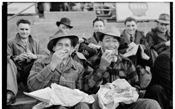 Fish and chips before the game Athletic Park 1950