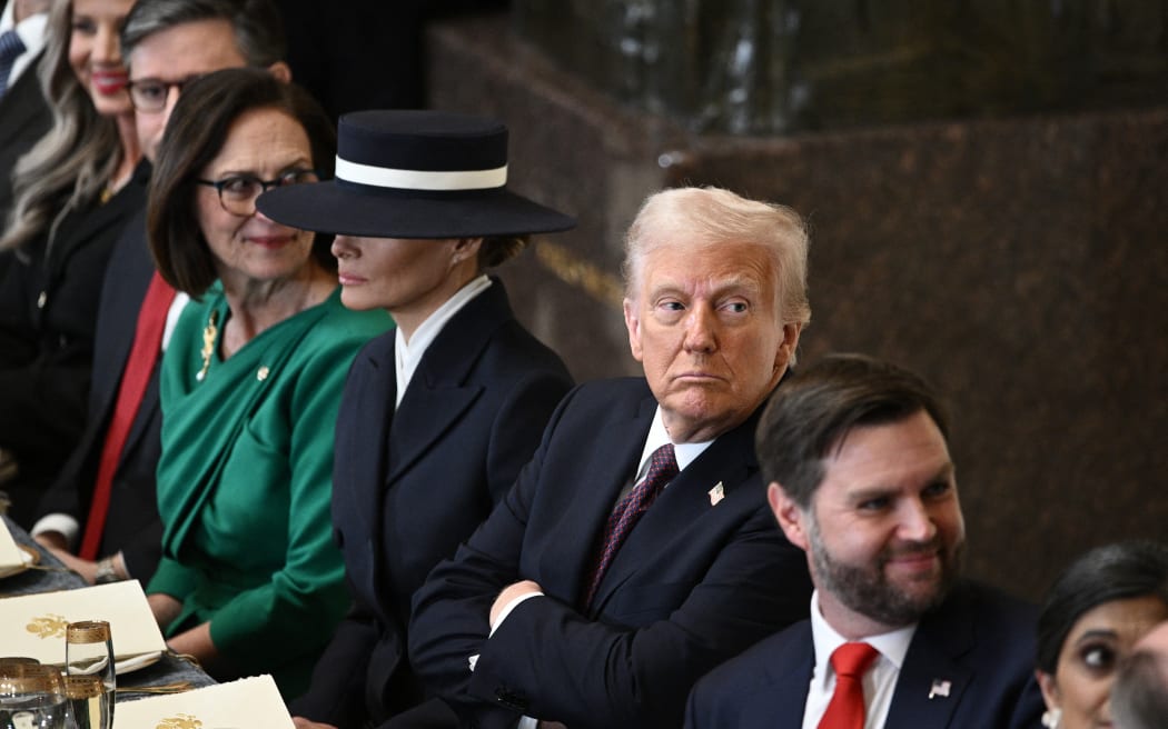 (L-R) US First Lady Melania Trump, President Donald Trump, Vice President JD Vance and Usha Vance attend a luncheon following the inauguration ceremony, in Statuary Hall at the US Capitol in Washington, DC, on January 20, 2025. (Photo by Brendan SMIALOWSKI / AFP)