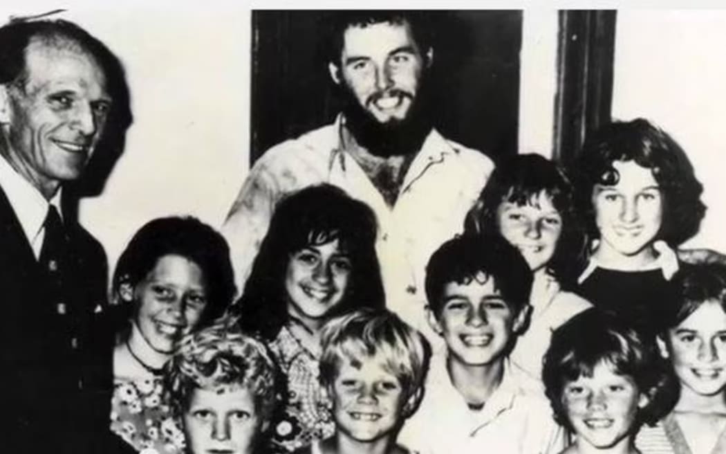 Then-teacher Rob Hunter (centre) with his students in 1977, just after their incredible ordeal.