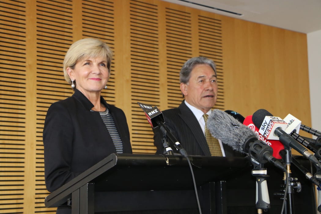 Australian Foreign Minister Julie Bishop and New Zealand Foreign Minister Winston Peters at a media stand up after trade talks.