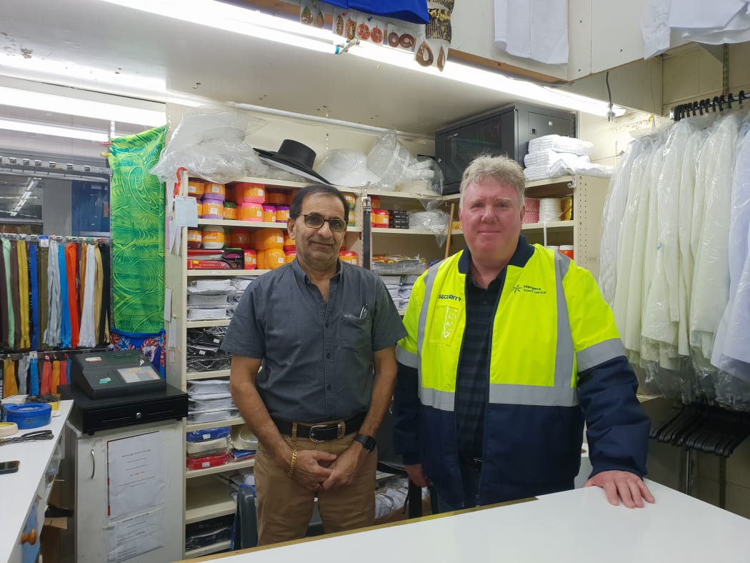 The owner of Pacific Fashions, Vinod Kumar with Māngere Town Centre manager David Fearon.