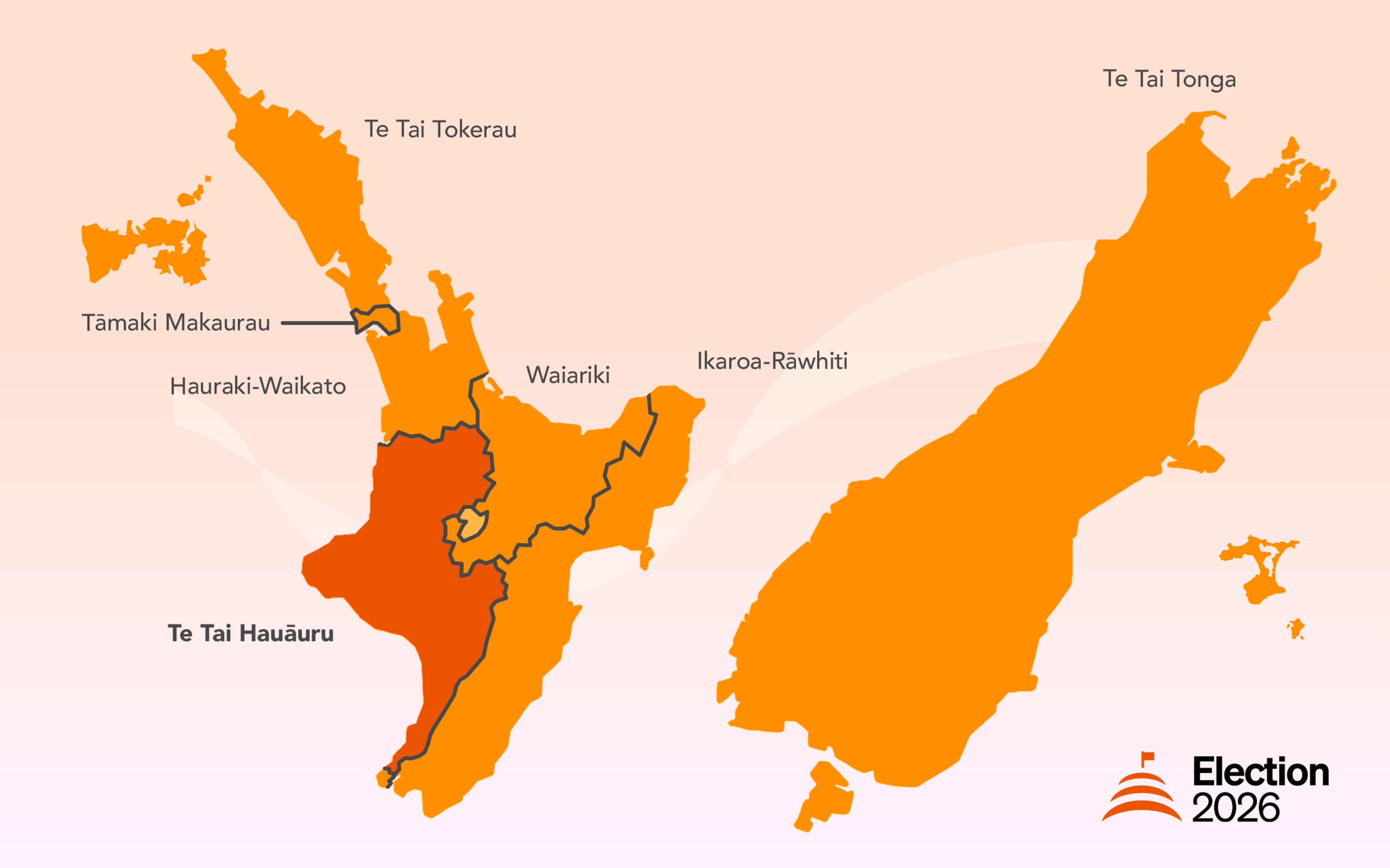 Election 2026: Map showing boundary of the Te Tai Hauāuru electorate.