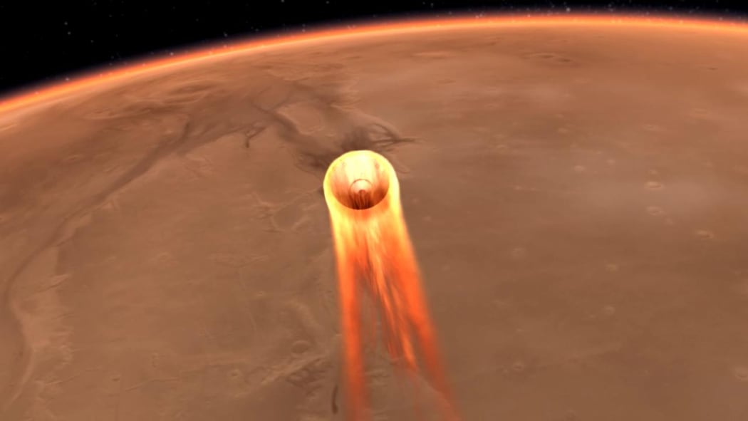 This artist's impression obtained from NASA shows  InSight's entry, descent and landing at Mars