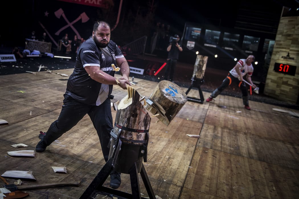 Team New Zealand competes during the Team Competition of the Stihl Timbersports World Championships at the Hakons Hall in Lillehammer, Norway on November 3, 2017.