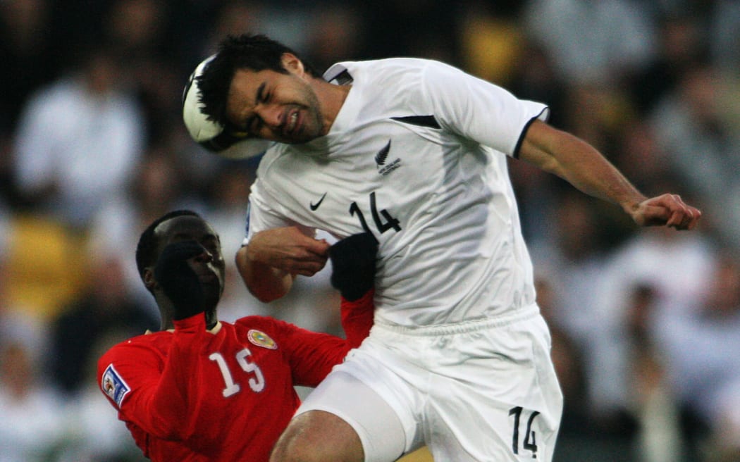Rory Fallon wins a header.
FIFA World Cup soccer qualifying play-off, second leg - New Zealand All Whites v Bahrain at Westpac Stadium, Wellington, New Zealand.