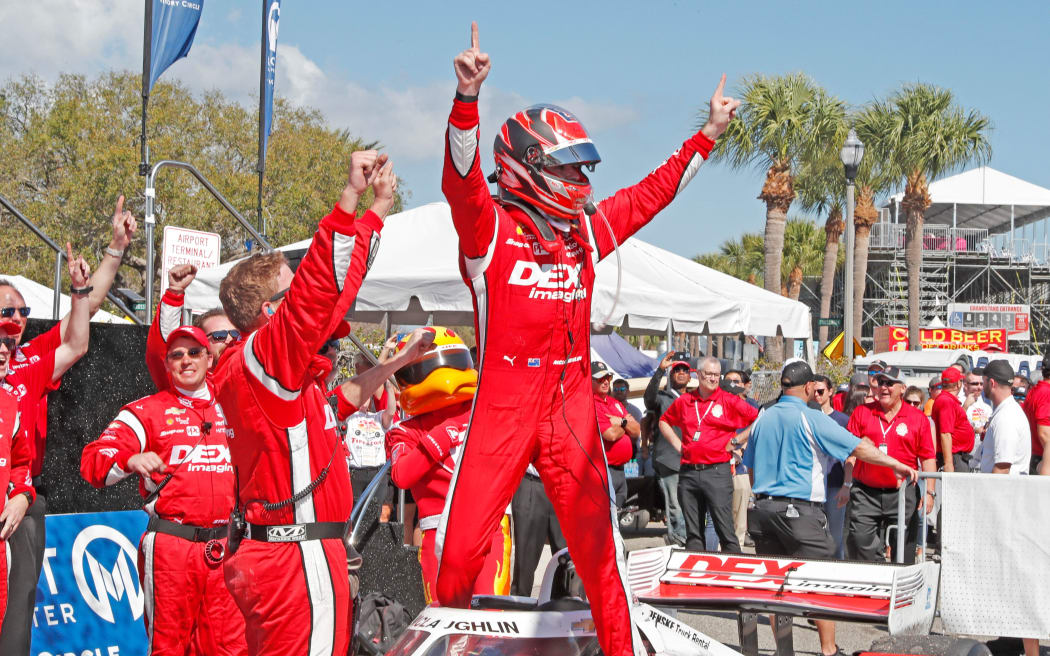 Scott McLaughlin reacts to winning the  Grand Prix of St. Petersburg, 2022.