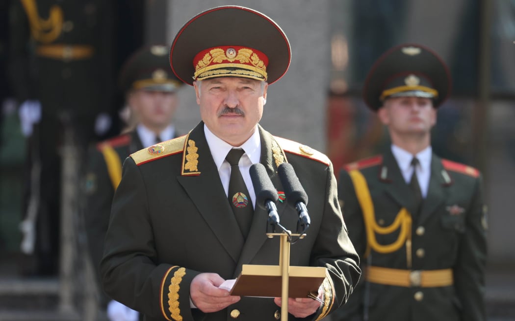 In this handout photo released by BelTA, Belarusian President Alexander Lukashenko attends the oath-taking ceremony by representatives of various military service branches of Belarus following his inauguration in Minsk, Belarus.