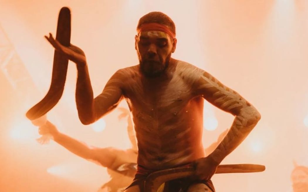 Nunukul Yuggera Aboriginal dancers take part in six60's Australian stage shows.