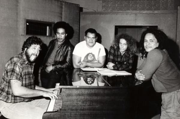 Herbs in Mascot Studios, circa 1980. Left to right: Dilworth Karaka, Spencer Fusimalohi, Fred Faleauto, Phil Toms, Toni Fonoti.
