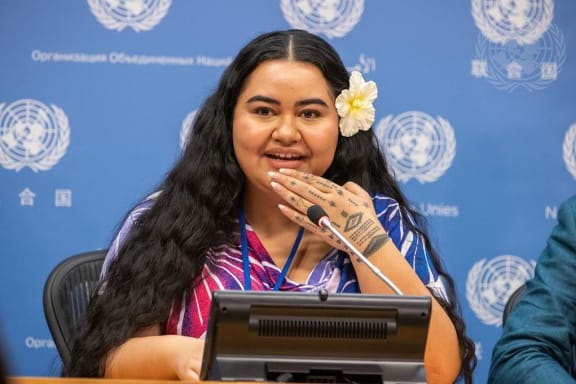 Brianna Fruean, Pacific Climate Warrior and Youth Climate Justice Activist, briefs the press during the Climate Ambition Summit in New York. 20 September 2023