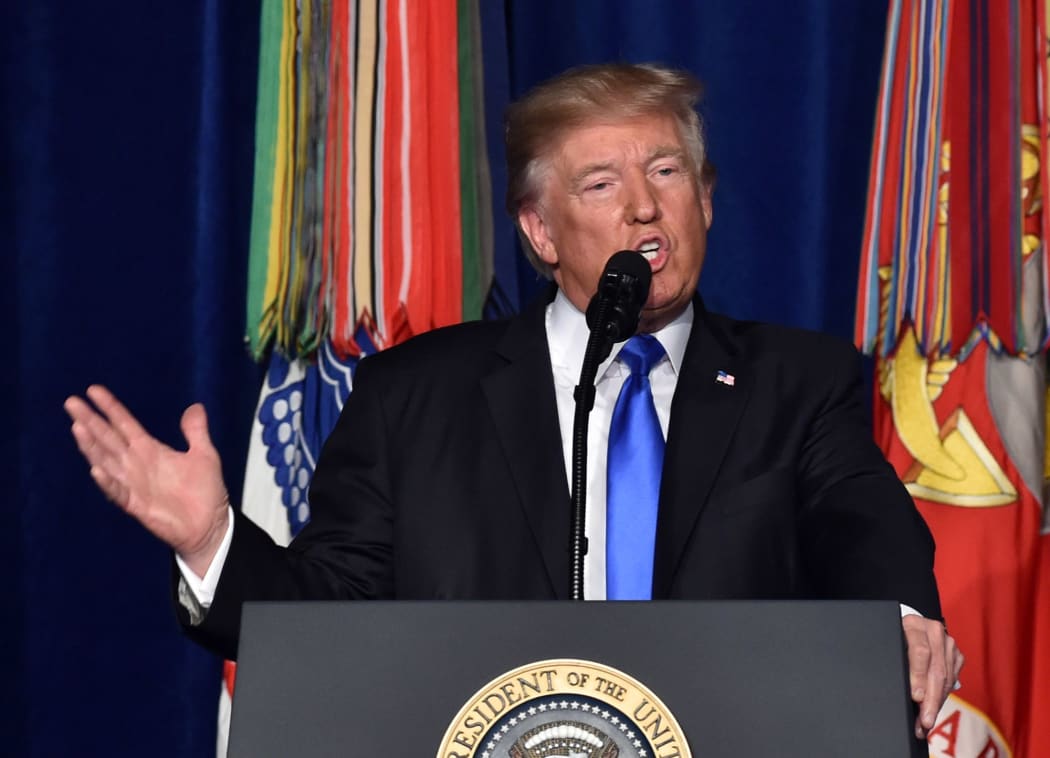US President Donald Trump speaking during his address to the nation about Afghanistan, from Joint Base Myer-Henderson Hall in Arlington, Virginia, on August 21, 2017.