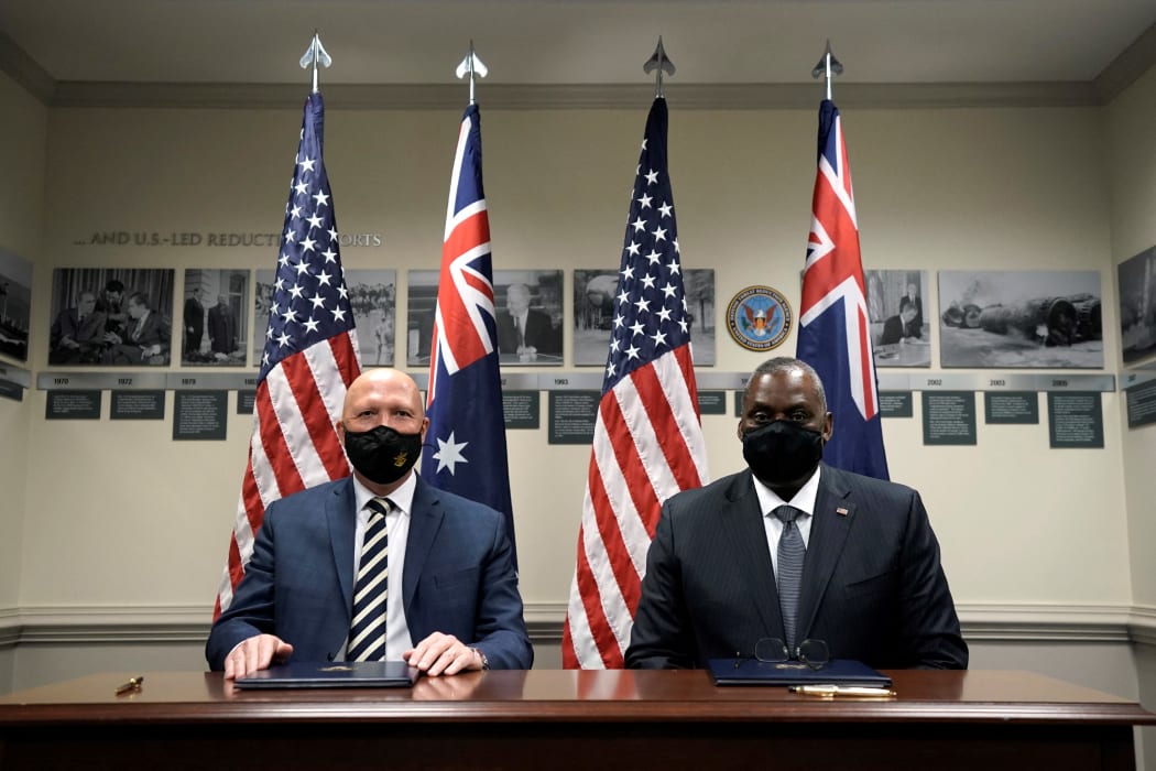U.S Secretary of Defense Lloyd J Austin III and Australian Minister of Defence Peter Dutton pose for photo before their Bilateral Meeting at the State Department in Washington, U.S., September 16, 2021.