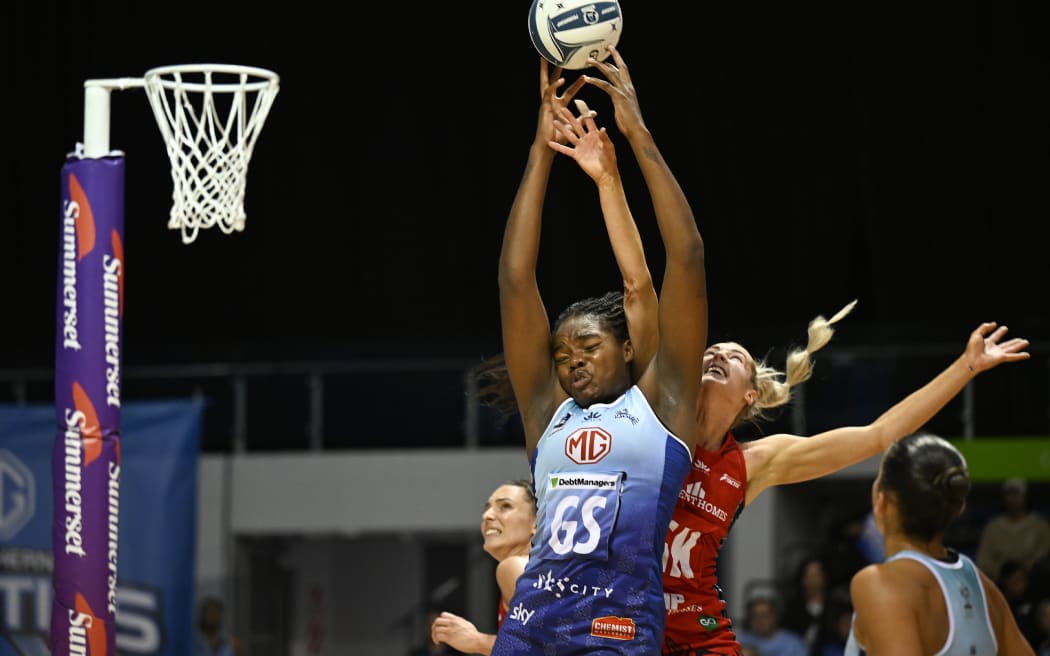 Grace Nweke and Jane Watson.
Mystics v Tactix. ANZ Premiership Netball. The Trusts Arena. Auckland. Monday 29 April 2024. © Photo: Andrew Cornaga / Photosport