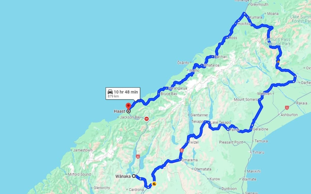 A Google Maps screenshot showing the journey time between Haast and Wānaka after rockfall closed State Highway 6.