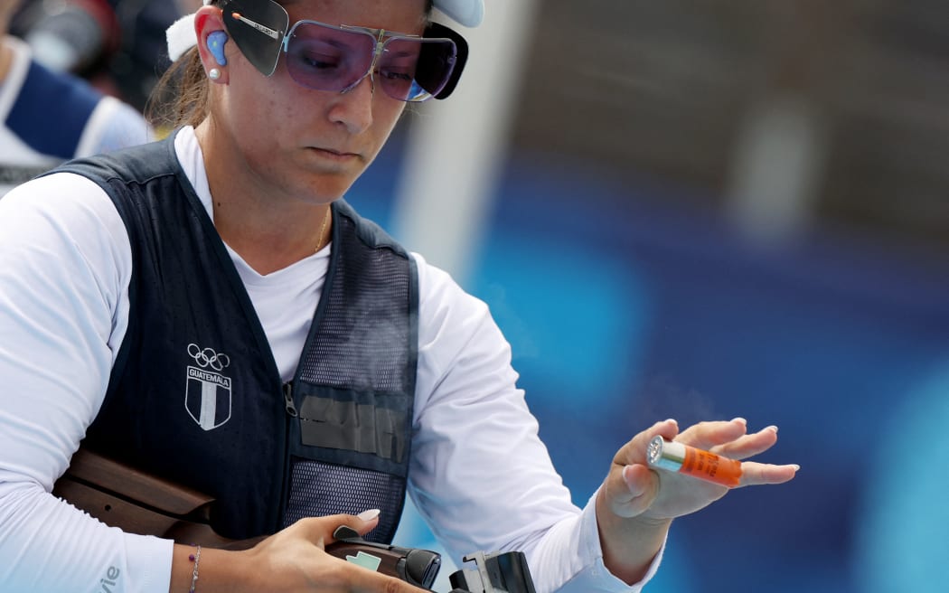 Guatemala's Adriana Ruano Oliva competes in the shooting trap women's final during the Paris 2024 Olympic Games.