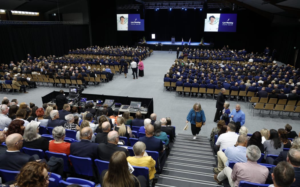 Police colleagues and staff from FENZ, St John and other emergency services are arriving at the funeral of Senior Sergeant Lyn Fleming at the Trafalgar Centre in Nelson.
