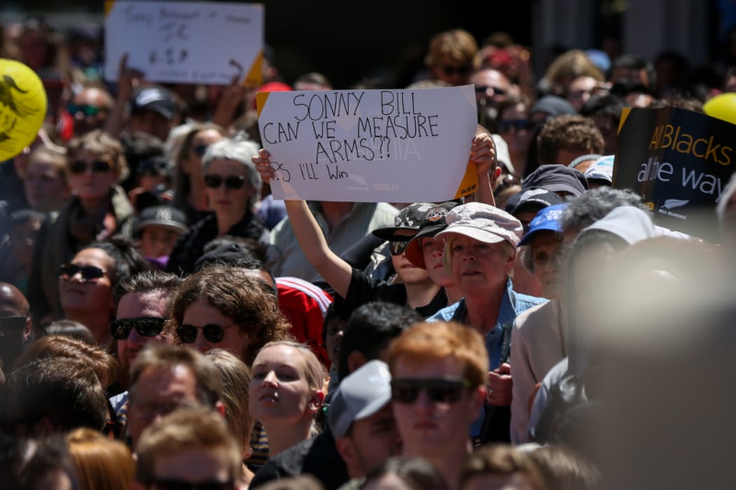Wellingtonians gather in  thousands at Civic Square to celebrate the All Blacks winning the 2015 Rugby World Cup back to back.