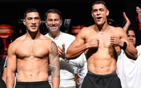 Jai Opetaia of Australia (left) and David Nyika of New Zealand are seen following their official weigh-in for the World Cruiserweight title fight at the Gold Coast Convention & Exhibition Centre in Gold Coast, Tuesday, January 7, 2025. (AAP Image/Dave Hunt/www.photosport.nz)