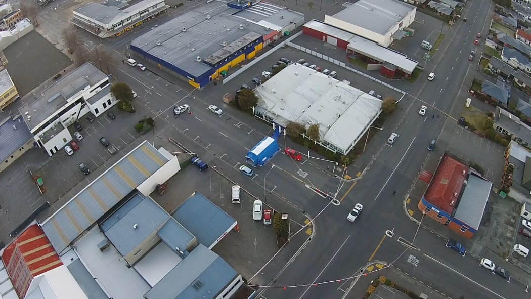 Aerial view of the cordoned off area around the Work and Income offices in Ashburton.