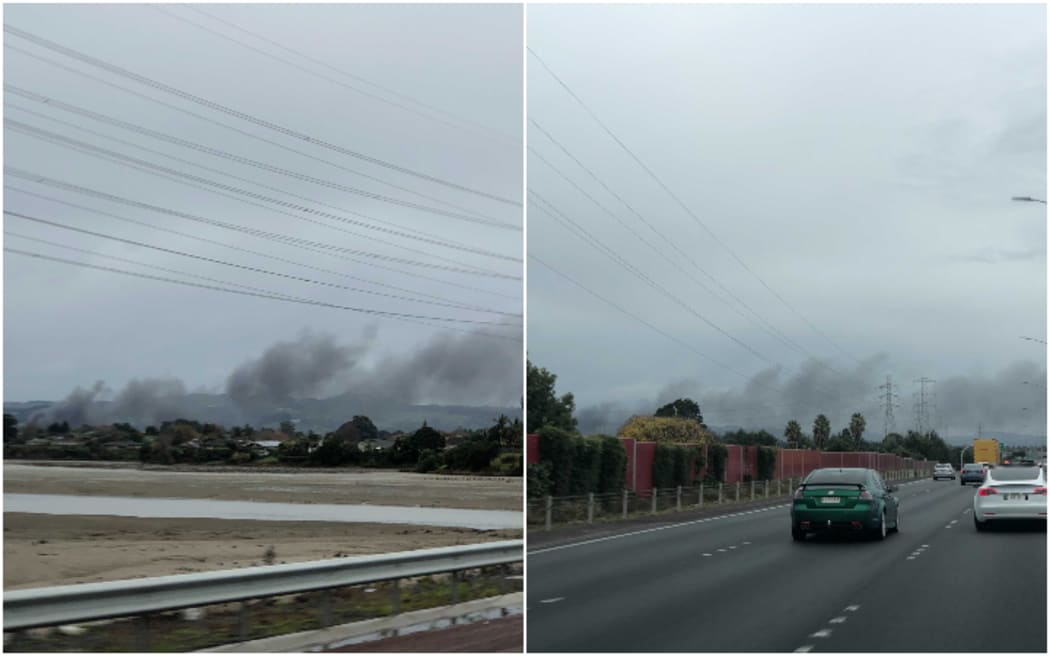 Fire at Papakura car yard in south Auckland, as seen from State Highway 1, south bound