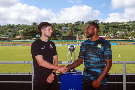 New Zealand's Liberato Cacace and Vanuatu's Brian Kaltak. OFC Nations Cup 2024 Final Press Conference, FreshWater Stadium Port Vila, Friday 28 June 2024. Photo: Shane Wenzlick / www.phototek.nz
