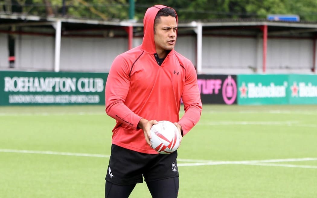 Jarryd Hayne gets to grips with the 15-a-side game at training.