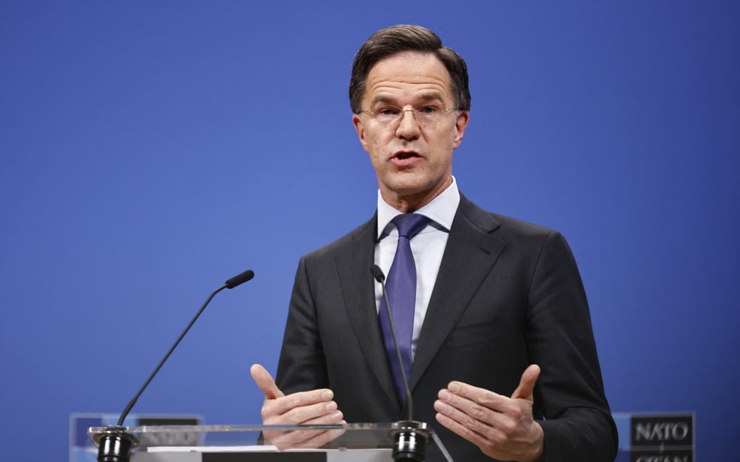 NATO general secretary Mark Rutte gives a press conference after the meeting of The North Atlantic Treaty Organisation (NATO) Ministers of Defence at NATO Headquarters in Brussels, on February 13, 2025. (Photo by SIMON WOHLFAHRT / AFP)