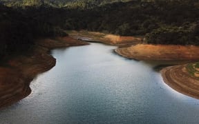 Aerials and stills of the Upper Mangatangi Dam at 44% of capacity