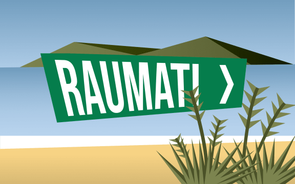 'Raumati' in the style of green, old NZ road sign on top of an illustrated background of the sand, sea and hills.