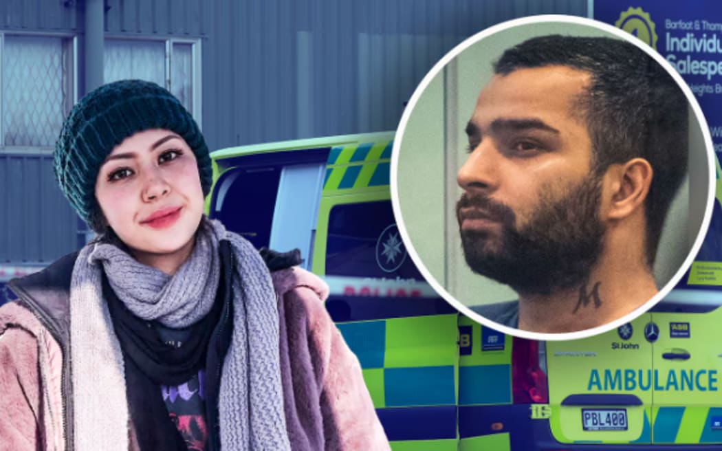 Police and ambulance staff attend the death of Farzana Yaqubi (left) in Massey, Auckland, in 2022. She was stabbed to death by Kanwarpal Singh (inset).