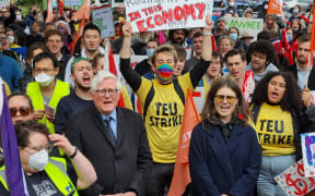 Central Auckland MP Chloe Swarbrick joins University of Auckland staff and students in a 500-strong protest outside the vice-chancellors office in response to a five to six percent pay rise offer. 6 October 2022.