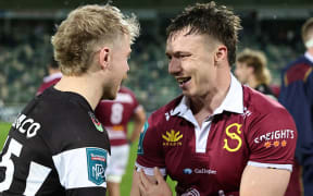 Mat Protheroe of Hawke's Bay and Charlie Powell of Southland during the Bunnings NPC round 2 Ranfurly Shield match between Hawke's Bay and Southland.