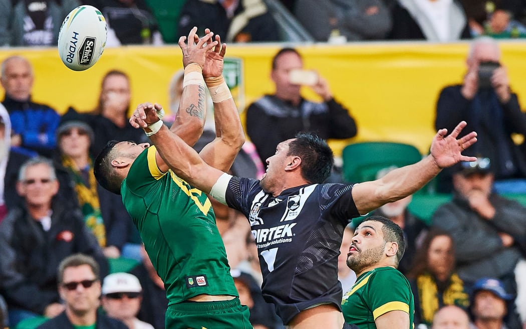 Jordan Rapana contests a high kick in the test against the Kanagaroos in Perth in 2016.