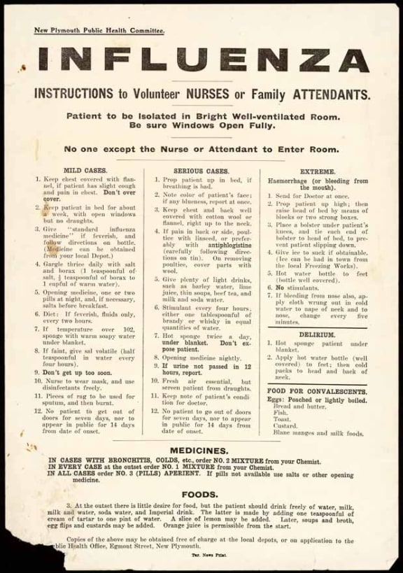 New Plymouth Public Health's  instructions to volunteer nurses or family attendants in 1918