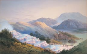 Painting of the Pink and White Terraces by John Hoyte