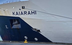 A hole in the side of the Interislander ferry Kaiarahi.
