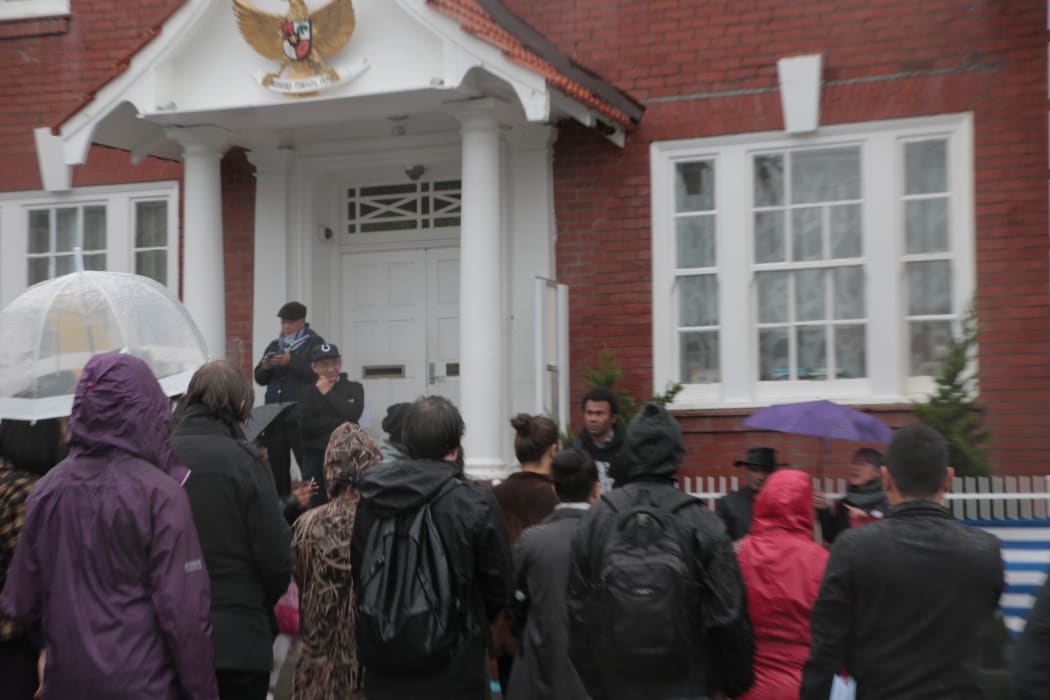 Protestors gathered outside the Indonesian Embassy in Wellington had verbal altercations with embassy staff about West Papua. May 2017