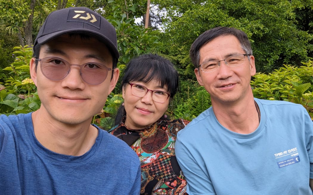 Evan Chen and his parents in Waipara, Canterbury.