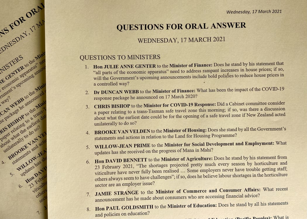 The sheet of Questions for Oral Answer that MPs get, printed on yellow paper. Note question 1: questions from support party MPs aren't always patsies. On today's list Green MP Julie Ann Genter asks the Minister of Finance about house prices.