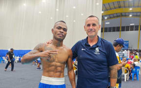 Pacific Games gold medallist Jone Davula (left) and coach Cameron Todd in Honiara; Photo: Team Fiji