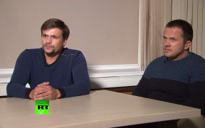 A screengrab of the the Russian men identified as Alexander Petrov and Ruslan Boshirov speaking to the RT channel in Moscow,