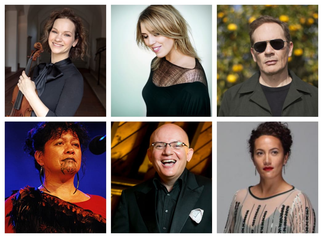 Some of the artists featuring in the NZSO's 2022 Season. (Clockwise from top left: Hilary Hahn, Gabriela Montero, Shayne Carter, Ria Hall, Joseph Nolan, Whirimako Black)