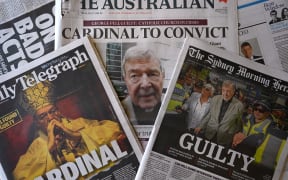 This photo illustration shows the front pages of Australia's major newspapers reporting the conviction of Cardinal George Pell in Sydney on February 27, 2019, after suppression orders were lifted.
