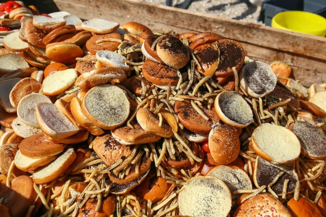 A volunteer empties a bin containing many hamburger buns and organic waste collected from McDonald's fast food restaurant.