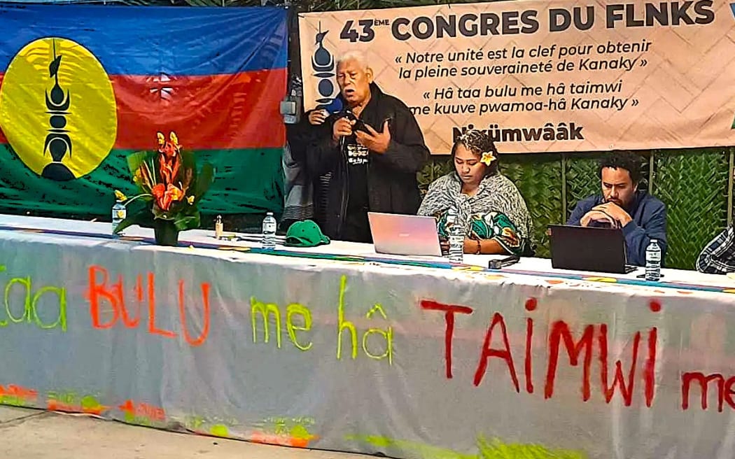 Alosio Sako (RDO) speaks at the FLNKS’s 43rd Congress gathering in Koumac, New Caledonia, on Friday 30 August 2024 – PHOTO RRB