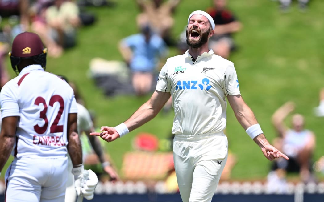 New Zealand bowler Michael Rae celebrates his first test wicket, West Indies series, 2025.